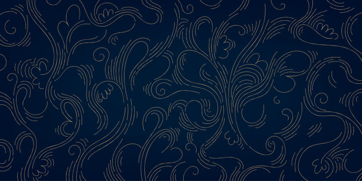 Luxury line background, gold wavy art texture. Organic wood, hair illustration, curve elegant graphic. Flow template, swirl graphic.