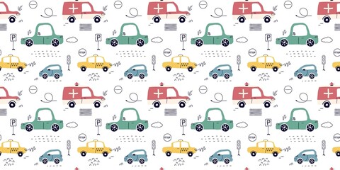 Seamless pattern with hand drawn cars, signs, roads. Cartoon, cute  background for print, children, paper, print . trend art modern illustration