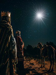 Magi of the East observing a bright star in the night sky