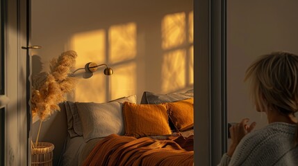 Bedroom Interior View Through Open Door with Rust Linens and Rattan Table