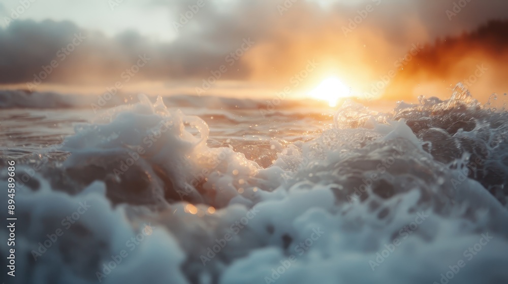 Poster the sun sets in the background while the turbulent sea roars in the foreground, creating a captivati