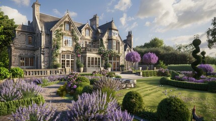 Fototapeta premium A charming countryside manor with a stone facade, large bay windows, and a garden filled with lavender, roses, and topiary.