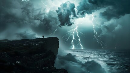 person watching lightning over ocean strom