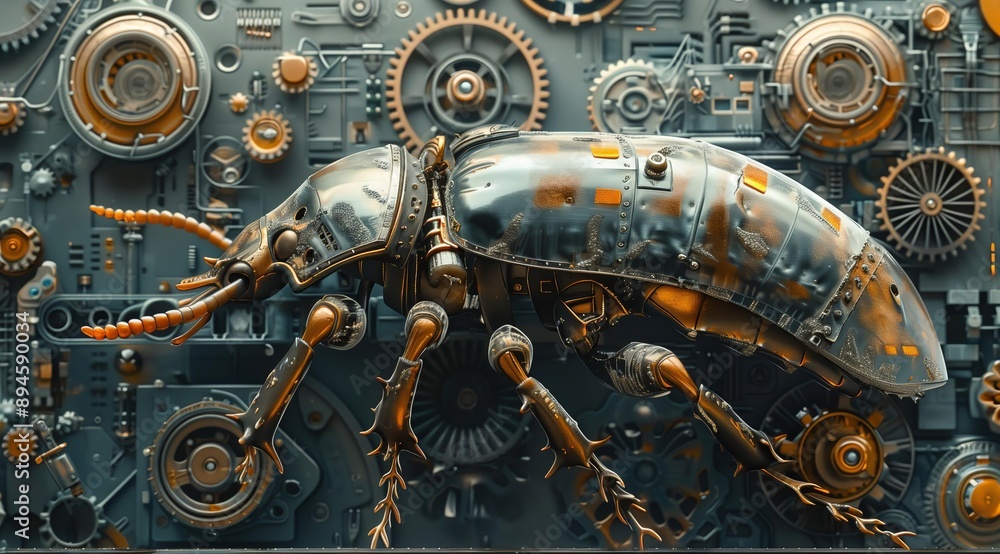 Aufkleber A 3D rendered image of a steampunk beetle with intricate gears and cogs, showcasing a futuristic and industrial design. The beetle is depicted against a backdrop of a complex mechanical system, addi