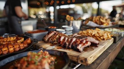 Naklejka premium An inviting barbecue spread featuring thick slices of brisket, crispy fries, and various sides arranged on a rustic wooden table during an outdoor feast.