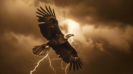 Obraz premium eagle powerful bird flying wings strong eyes clouds lightning in the sky