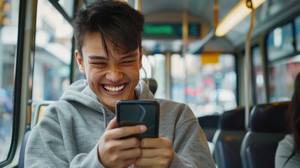 Laughing young man using smartphone on bus, wearing hoodie