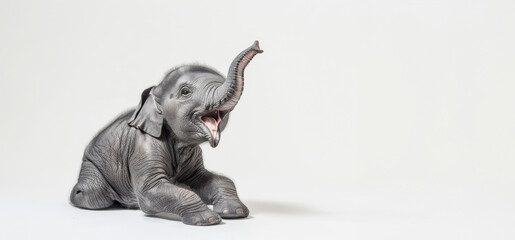 A young elephant in a playful pose, mouth open as if trumpeting, against a smooth white background, capturing its youthful energy