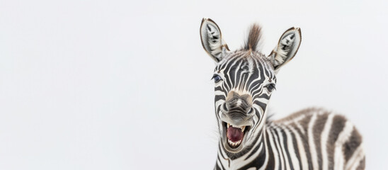 A zebra appears to laugh in a joyful portrait, its mouth wide open, set against a plain white background, highlighting its delightful expression
