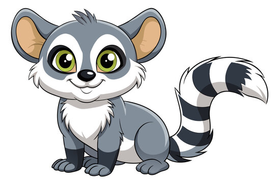lVector of emur with distinctive gray and white stripes and large green eyes, sitting playfully, perfect for storybooks