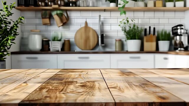 Wood table top on blur kitchen counter room background, for montage product display or design key visual layout, template