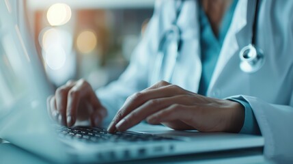 Naklejka premium An image of a medical professional, identifiable by their white coat and stethoscope around their neck, diligently typing on a laptop in a clinical or hospital setting.