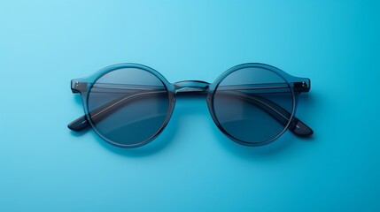 Fototapeta premium Blue Plastic Sunglasses on Blue Background: Round Frame Design for Summer