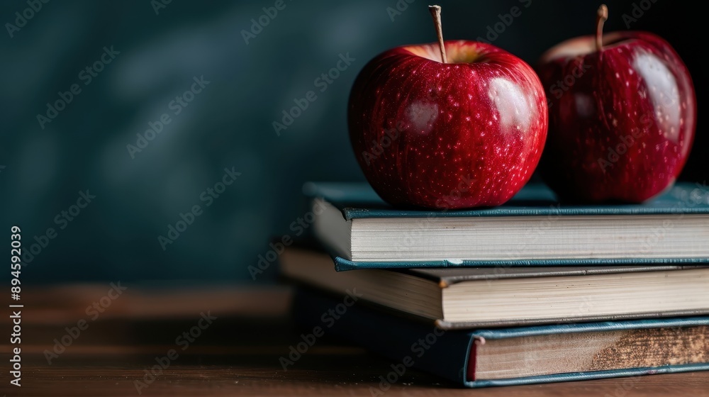 Poster two perfectly ripe red apples balanced carefully on top of a stack of hardcover books, creating a si