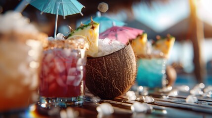 A selection of tropical cocktails with brightly colored umbrellas and garnished with pineapple slices, served on a beachside table, capturing the essence of a refreshing, sunny day.