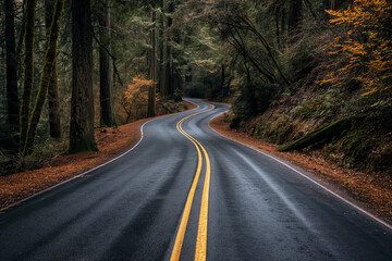 Fototapeta premium Curved asphalt road snakes through a dense, vibrant green forest, embodying a serene drive in the wilderness.