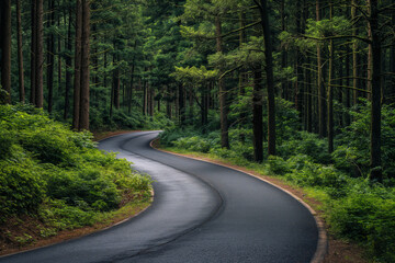 Fototapeta premium Curved asphalt road snakes through a dense, vibrant green forest, embodying a serene drive in the wilderness.