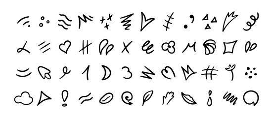 Line movement element set, emotion graphic effects, decoration icons. Doodle line elements, arrow, emphasis, heart, wind, zigzag, sparkle. Hand drawn Anime emotion, express shape.