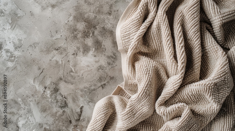 Poster abstract cotton towel mockup template on fabric background with grey linen canvas texture and space 