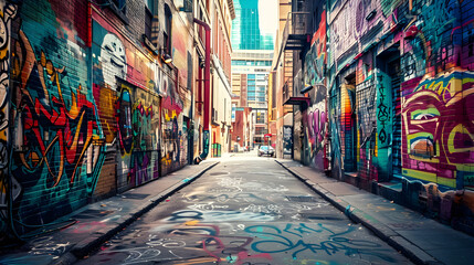 Fototapeta premium Graffiti-covered walls in a gritty urban alley, showcasing vibrant colors and abstract designs.