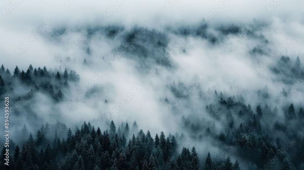 Poster a stunning image capturing dense fog rolling over a scenic pine forest, creating a mystical and sere