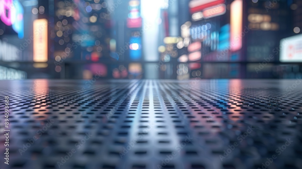 Poster a close-up of a metal platform with a blurred cityscape in the background. the city lights reflect o