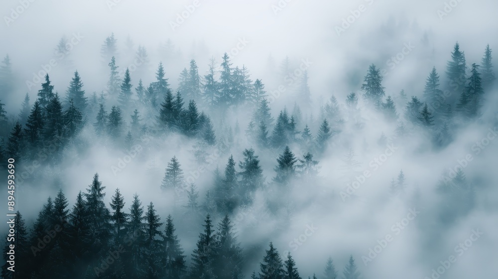 Poster an enchanting image of a pine forest covered in thick fog, with trees peeking through the mist, crea