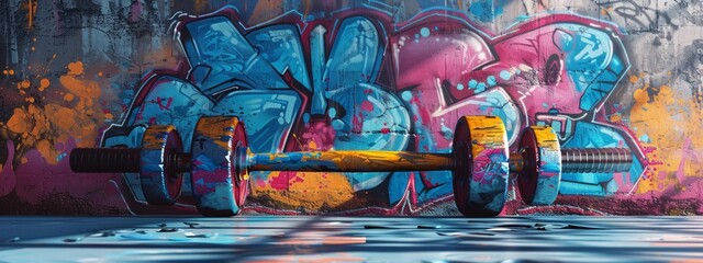 Weights dumbbells on floor, gym wall art.