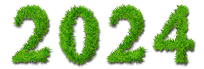 Concept conceptual 2024 year made of green summer lawn grass symbol isolated on white background. 3d illustration as a metaphor for future, nature, environment, organic growth, ecology, conservation
