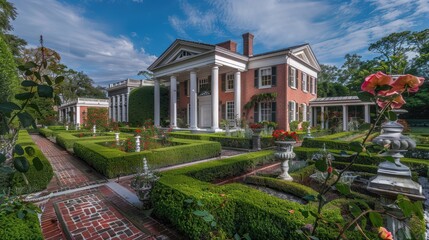 A classic Georgian-style house with red brick walls, white columns, and a formal garden with boxwood hedges and roses.