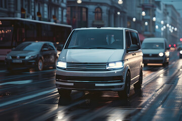 Fototapeta premium White Van Driving on Wet Street at Night