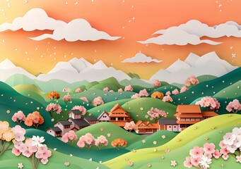 Naklejka premium Japanese countryside landscape with cherry blossoms
