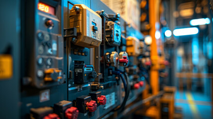 Close-up of an industrial control panel featuring various switches, knobs, and dials in a factory setting.