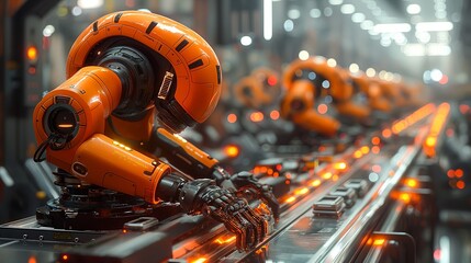 AI in manufacturing, robotic arms assembling products on a production line. : Industrial Robots Working on Assembly Line for Manufacturing and Automation Use