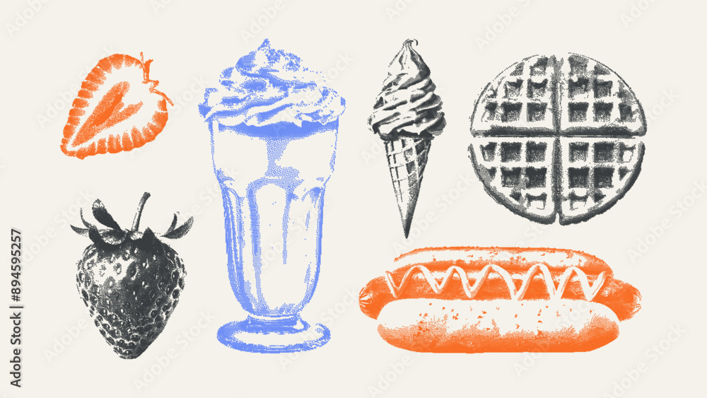 Aufkleber retro surreal bitmap vector set. trendy halftone elements in a retro futurism style, includes milksh