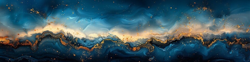 Naklejka premium Marbled Ink Painting Texture with Blue Waves and Gold Splashes - Luxury Abstract Background Banner with Swirls
