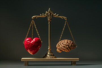 Scales balancing a heart and a brain, symbolizing emotion and logical thoughts, with copy space
