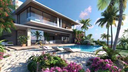 Fototapeta premium A contemporary beach villa with a sleek design, an infinity pool, and a garden with tropical flowers and palm trees.
