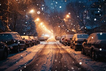 Snowy Night Street with Cars and Streetlights