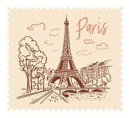 The Eiffel Tower in Paris with a postage stamp in the background of the city. Landmark of Paris. Vector linear illustration. Doodle style