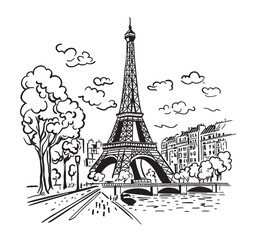 The Eiffel Tower in Paris with the city in the background. Landmark of Paris. Vector linear illustration. Doodle style