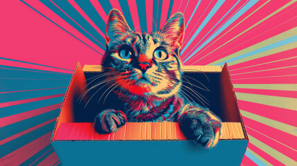 Artistic Portrait of a Cat Curiously Peering from a Box.