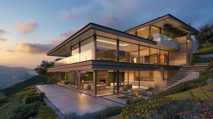 Fototapeta premium A contemporary hillside home with a tiered design, large glass walls, and a patio offering panoramic views of the valley below.