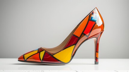 Elegant Stiletto Shoe with Abstract Art Print: High-Fashion Footwear on Neutral Background