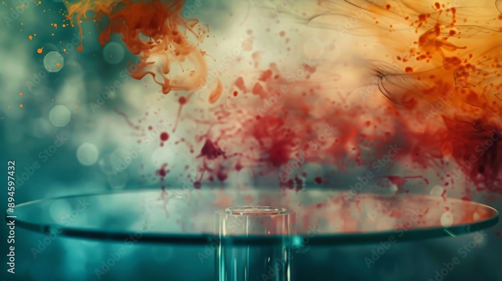 Fototapete red and orange ink drops fall onto a glass table, creating swirling patterns and a splash of color a