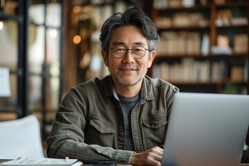 The photo of an Asian man in his 40s working as a university professor