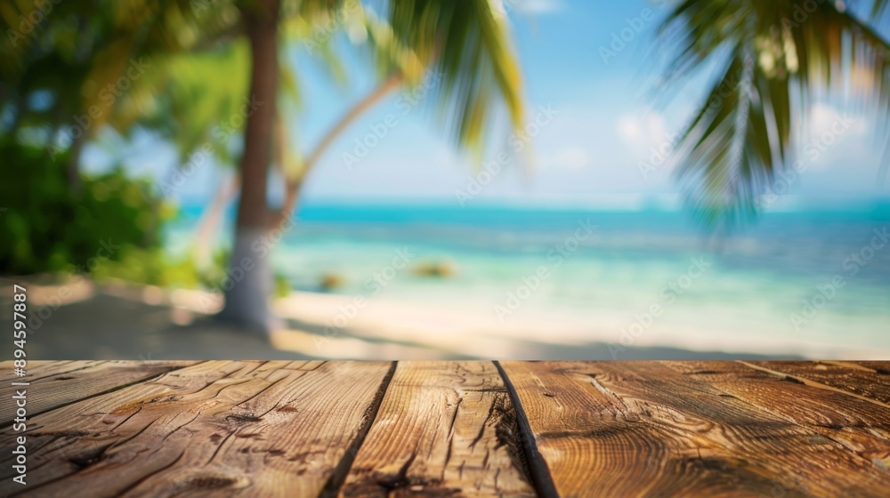 Poster a wooden plank sits in front of a blurred background of a tropical beach with palm trees and turquoi