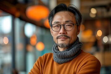 Obraz premium The photo of an Asian man in his 40s working as a university professor