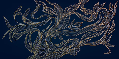 Vector art deco gold leaf pattern, luxury leaves floral background. Abstract nature elegant linear illustration, botanical wavy fancy ornament