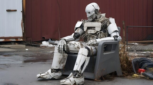 Broken humanoid robot in a dumpster UHD Wallpaper